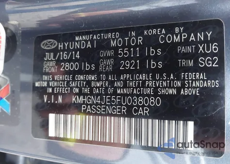 2015 Hyundai Genesis 3.8 z USA, uszkodzony, nr VIN KMHGN4JE5FU038080